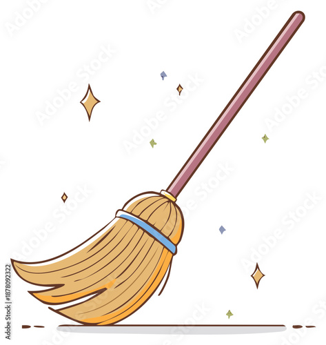 Cartoon broom with sparkling effect sweeping floor tidying up household chores