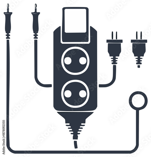 Black icon set of electronics tools with power strip, soldering irons, and electrical plugs