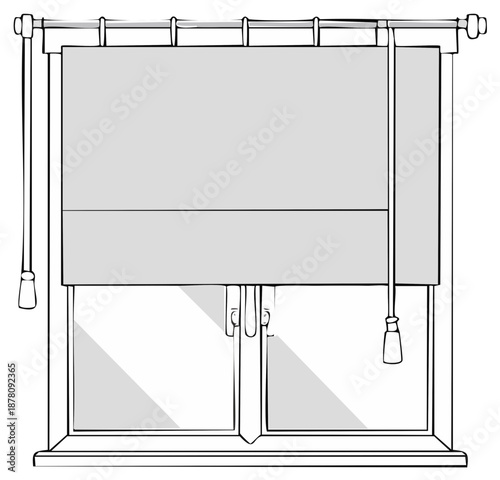 Line Art Illustration of Window with Roller Blind and Frame for Home Decor
