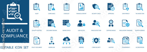 Audit and Compliance Icon Set. featuring data privacy, cloud security, cyber security, regulatory standards, and financial inspection.
