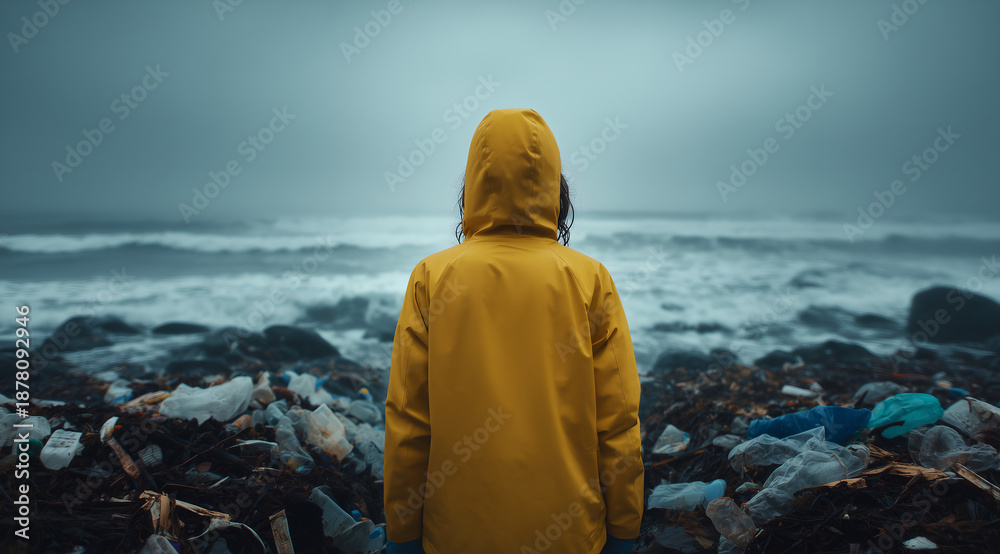 Fototapeta premium Person in yellow raincoat observing a heavily polluted beach with plastic waste