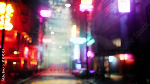 Fényképezés Colorful neon lights reflect off wet pavement in a lively urban alley
