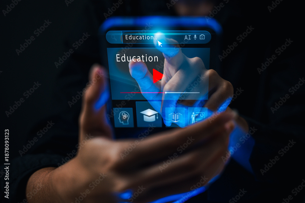 Fototapeta premium Online education and e-learning concept . video tutorials. Ideal for learning platforms, AI education, and smart technology. education, online, e-learning, video, tutorial, digital, smart, learning,