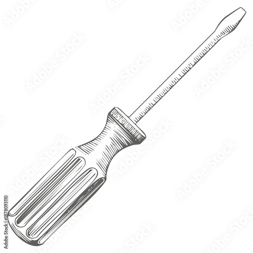 Etched Illustration of a Flathead Screwdriver Tool with Textured Handle for Repairs or Maintenance