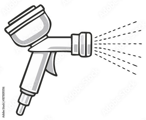 Hand-drawn spray gun tool for painting or detailing actively spraying liquid mist