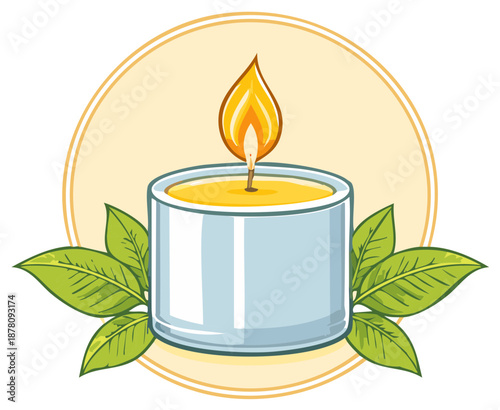 Decorative Candle Illustration with Burning Flame and Fresh Green Leaves in Circular Design
