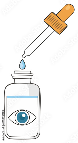 Illustration of eye drop bottle with eye symbol and pipette administering a drop of eye medication remedy