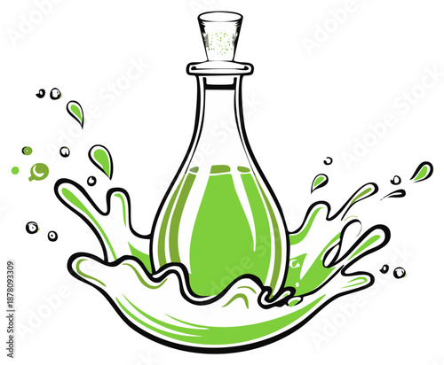 Green liquid splashing from a glass bottle with a cork stopper and bubbly droplets