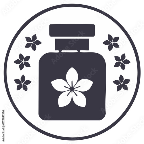 Apothecary Bottle with Floral Motif Emblem or Logo in Round Border with Flowers Illustration