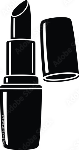 Black vector silhouette of opened lipstick tube with cap lying beside ready for application elegant glamorous makeup tool