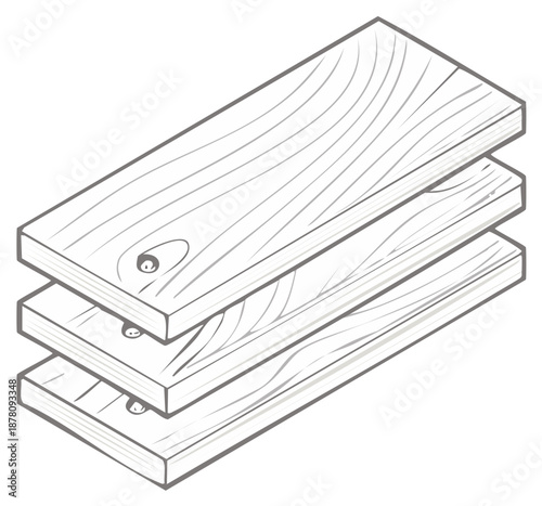 Three stacked wooden planks featuring natural grain and knot details in a clean line art illustration