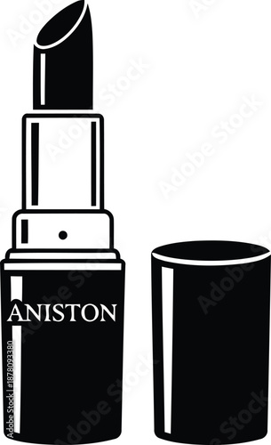 Black lipstick tube with aniston branding text and accompanying cap detailed vector outline graphic for high end cosmetic advertisement