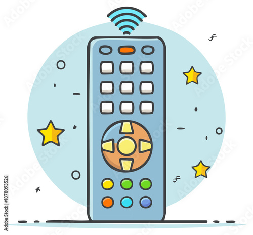 Cartoon television remote control illustration with wireless signal for media entertainment