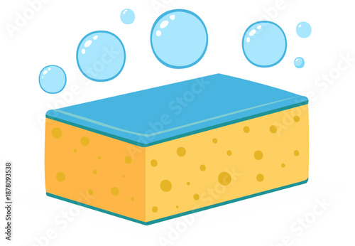 Cartoon illustration of a cleaning sponge and bubbles