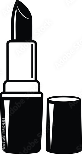 Black and white icon of lipstick with cap removed and standing upright, isolated on transparent background, minimalist graphic