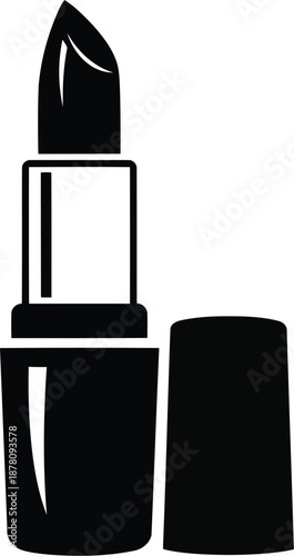 Solid black graphic icon of lipstick standing upright with cap beside it, simple and clean design, isolated on transparent background