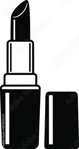 Minimalist black icon illustration of lipstick with cap detached, standing upright and ready to use, isolated on transparent background