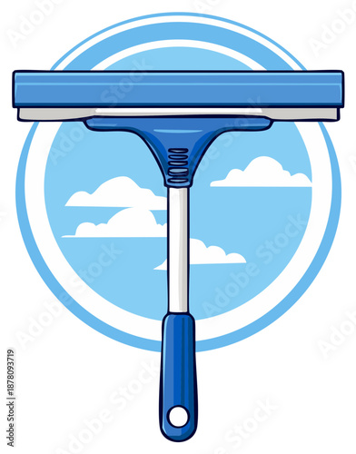 Window Cleaning Squeegee Tool with Blue Handle and Sky Background Icon for Housekeeping