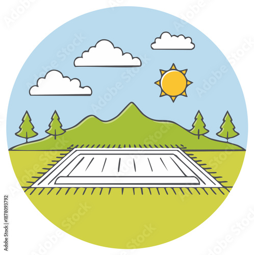 Hand drawn outdoor scene with recessed trampoline green landscape mountains and sunny sky