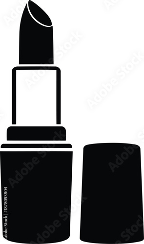 Solid black silhouette of an open lipstick and detached cap used for beauty and cosmetic industry presentations and materials