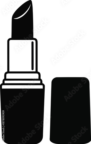 Black silhouette icon of open lipstick cosmetic product with detached cap isolated on transparent background
