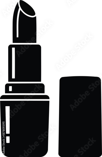 Iconic black silhouette illustration of makeup lipstick with applicator exposed standing beside its separate closure