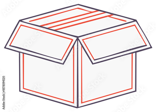 Open Cardboard Box Container Illustration Red Line Art for Delivery and Storage Icon with Simple Pack