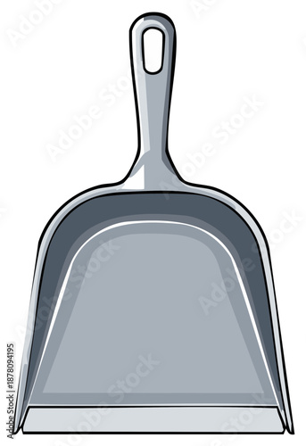 Cartoon-style dustpan in silver tones for cleaning and sanitation purposes