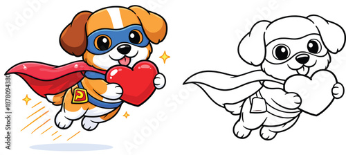 Black and white coloring book page outline vector image of a cute cartoon superhero dog flying and clutching a heart
