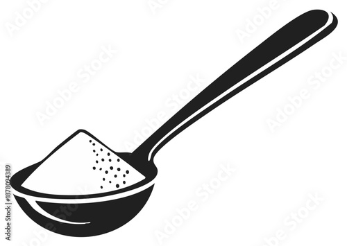 Single spoon filled with sugar or flour black and white cooking ingredient drawing