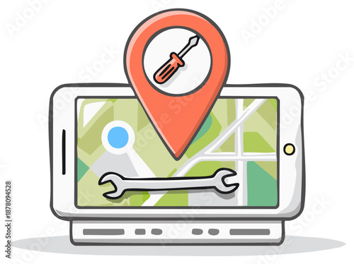 Finding a local mechanic or handyman service with a GPS navigation app on a tablet with repair tool icons