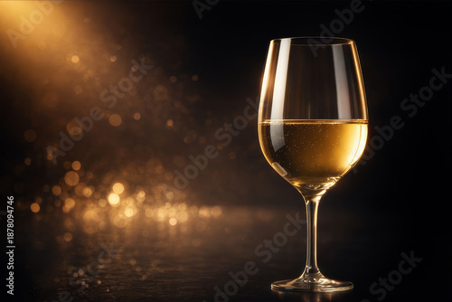 Glass of White Wine with Golden Light and Elegant Bokeh on Dark Background