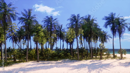 A beautiful scene unfolds with tall palm trees swaying gently in the warm breeze, their shadows dancing on soft sandy beaches. The sun shines brightly over clear blue waters.