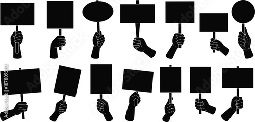 Protest sign silhouette collection featuring raised hands holding blank placards, minimal black vector icons for activism, demonstrations, social movements, freedom, protest posters
