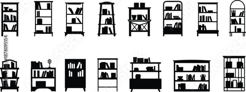 Stylized bookshelf silhouette icon set featuring diverse furniture designs, ideal for interior design, home decor, and vector illustration projects.