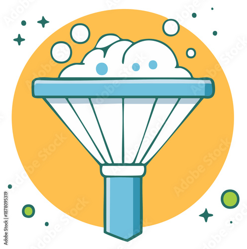 Funnel Filled with White Fluffy Foam with Bubbles and Yellow Background, Filtering Concept