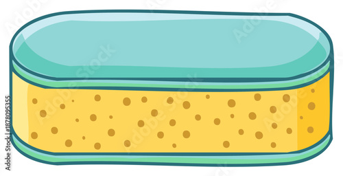 Simple cartoon drawing of a colorful yellow and blue kitchen cleaning sponge for dishwashing