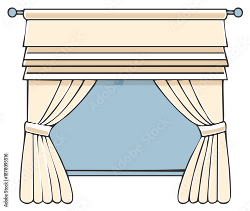 Decorative window with pleated drapes and layered valance in a simplified artistic style