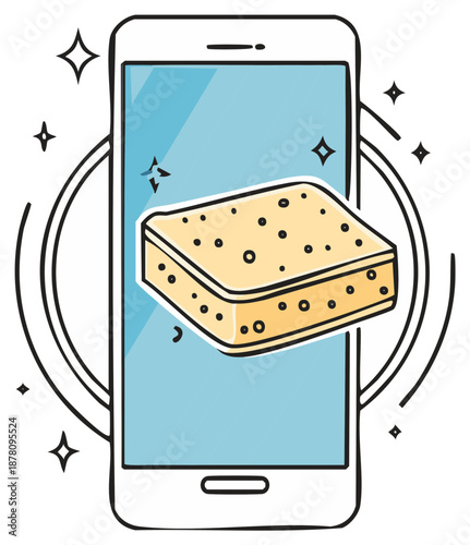 Smartphone screen cleaning with a sponge digital hygiene concept illustration