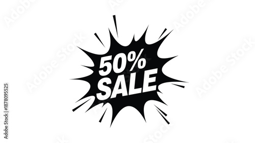 a black and white image of a sale sign with 50 percent off