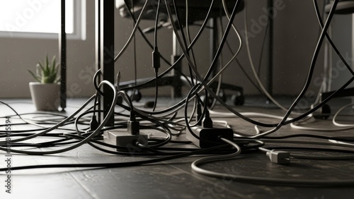 Tangled Cables and Wires on Floor.