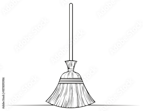 Line art illustration of a broom with long handle for sweeping purposes on a white background