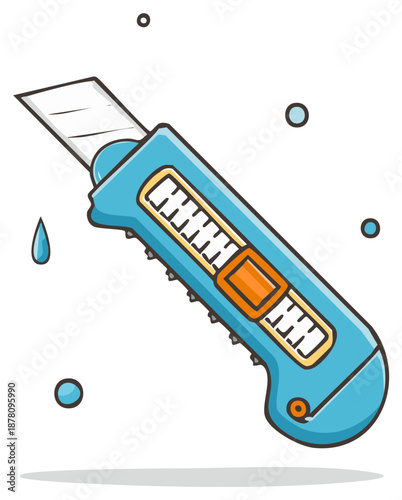 Cartoon blue utility knife with an orange slider for cutting tasks and craftsmanship illustration