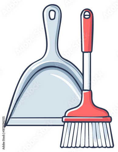 Cartoon style dustpan and whisk broom cleaning tools for household chores and hygiene vector illustration