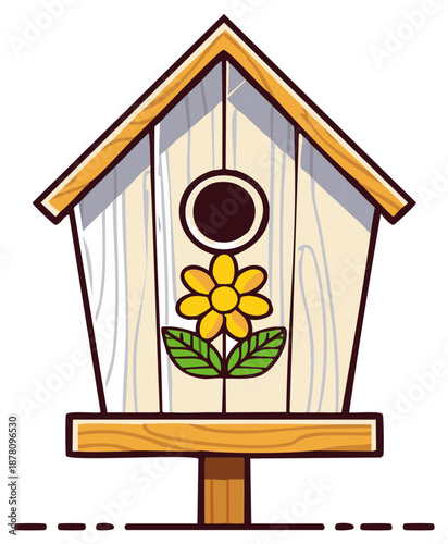 Illustrated Wood Birdhouse with Yellow Flower and Green Leaves Cartoon Style