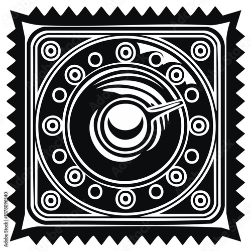 Abstract square amulet with circular patterns and sharp border  in black and white