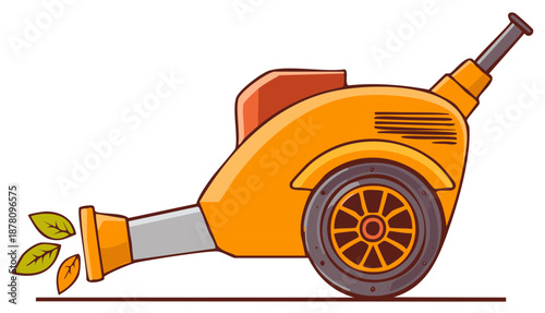 Cartoon illustration of a lawn blower with leaves on the ground