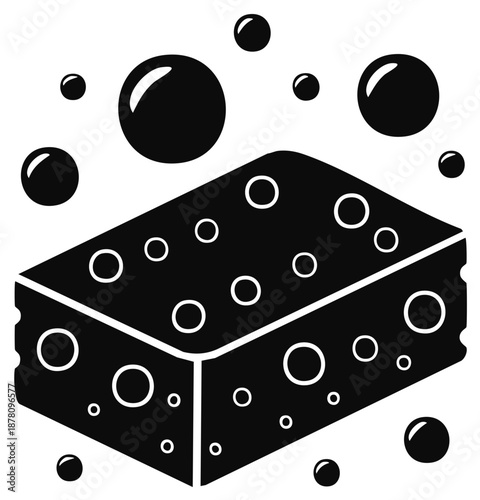 Monochrome illustration of a porous household cleaning sponge with many glistening soap bubbles