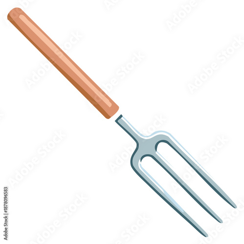 Stylized garden fork with wooden handle and three metal tines for digging and planting