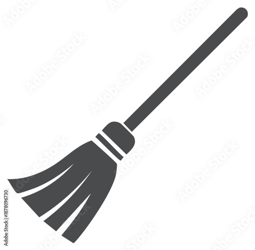 Simple gray silhouette of a broom or witch's broom against a white background